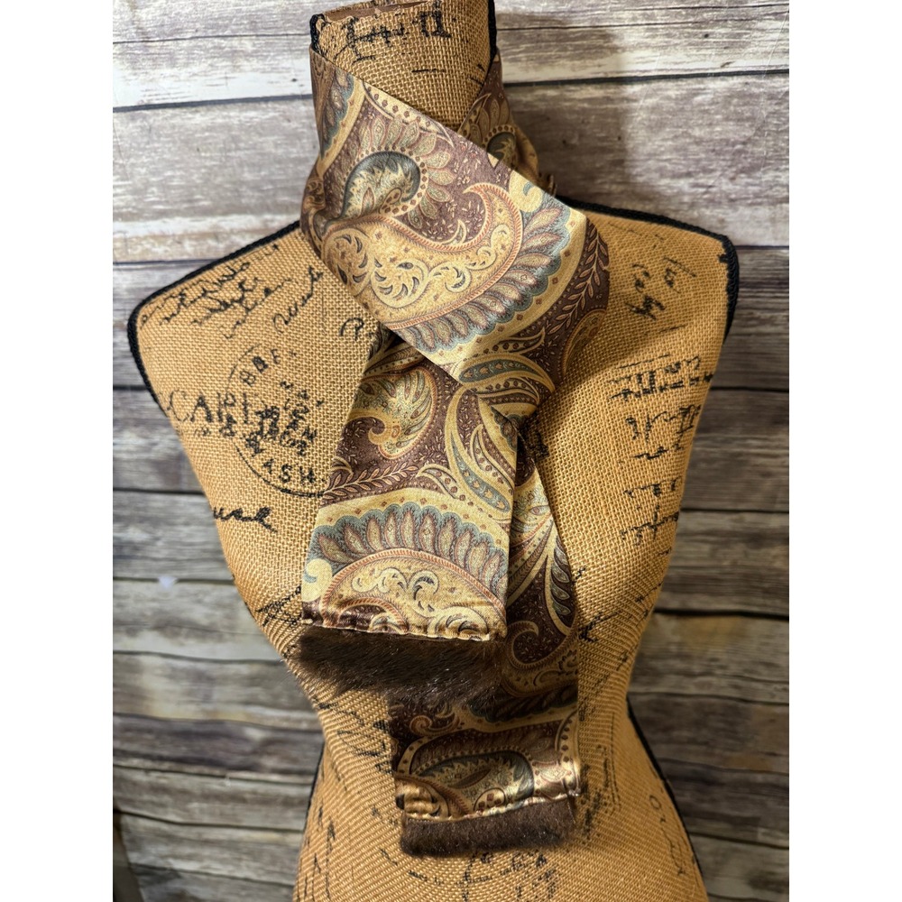Vintage Style Paisley Skinny Scarf Brown Gold Faux Fur Trim Long Neck Wrap